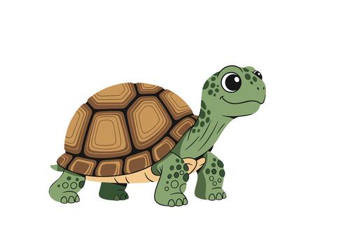 Happy green turtle cartoon character walking slowly with a brown patterned shell and big eyes on white background. vector