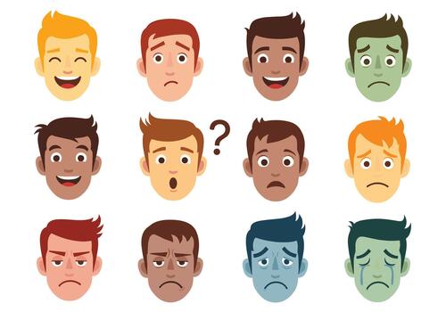 Set of various male face icons showing different emotions from happy to sad and angry isolated on white background. vector