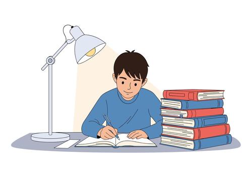 Diligent student sitting at his desk working on homework with a pen and open notebook next to several piles of colorful textbooks. vector