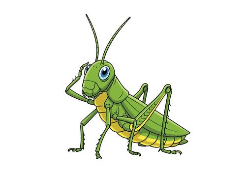 Green grasshopper standing in a thoughtful pose, touching its head with an antenna, isolated on a white background. vector