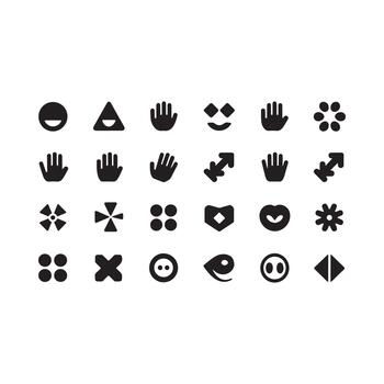 un colección de diverso negro y blanco minimalista íconos y símbolos arreglado en un cuadrícula modelo vector