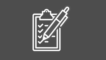 animerad checklista ikon. lista av uppgifter linje animation. frågeformulär och undersökning. fylla tom form. vit illustration på mörk bakgrund. hd med alfa kanal. rörelse grafisk video