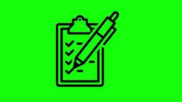 animerad checklista ikon. lista av uppgifter linje animation. frågeformulär och undersökning. fylla tom form. svart illustration på grön skärm. hd med alfa kanal. rörelse grafisk video