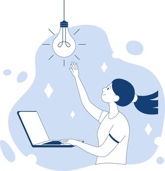 un persona interactúa con un ordenador portátil y alcanza arriba a levantar un ligero bulbo apareciendo desde el pantalla. esta escena muestra un momento de inspiración y creatividad. el antecedentes caracteristicas suave formas vector