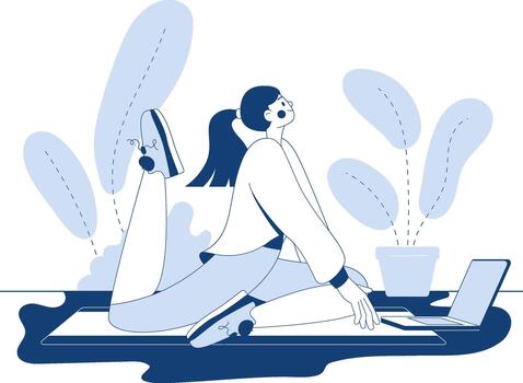 A person is taking a break from work at home to stretch and exercise. The setting includes a laptop and some plants. It shows a healthy work-life balance. vector