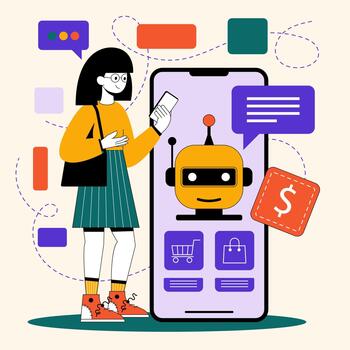 un persona usos su teléfono inteligente a charla con un chatbot para ayuda en en línea compras. el escena muestra texto burbujas y íconos relacionado a cliente apoyo. vector