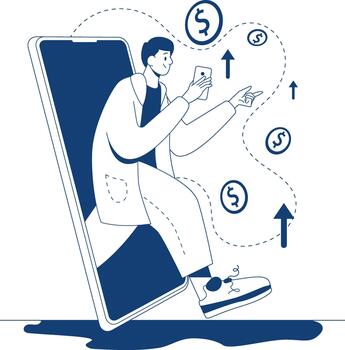 A person reaches out from a smartphone while tapping to send money through mobile payment. Money symbols float around, indicating a digital transaction. The setting shows a modern approach to finance. vector