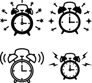 Collection of four distinct ringing alarm clock outline icons with various wake up indicators vector