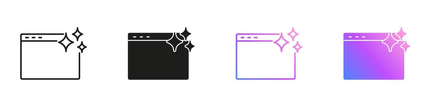 Browser Window With Sparkles Line and Solid Icon Set. AI Online Interface And Web Page Symbol Collection. Isolated Illustration vector