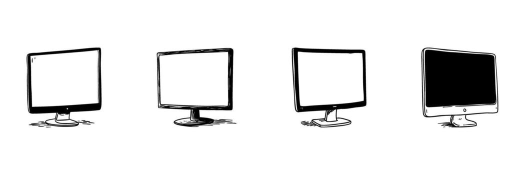 Computer Monitor Doodle Sketch Set. Digital Display Technology And Screen Variations In Hand Drawn Style Collection. Electronic Device Illustrations. Isolated Illustration vector