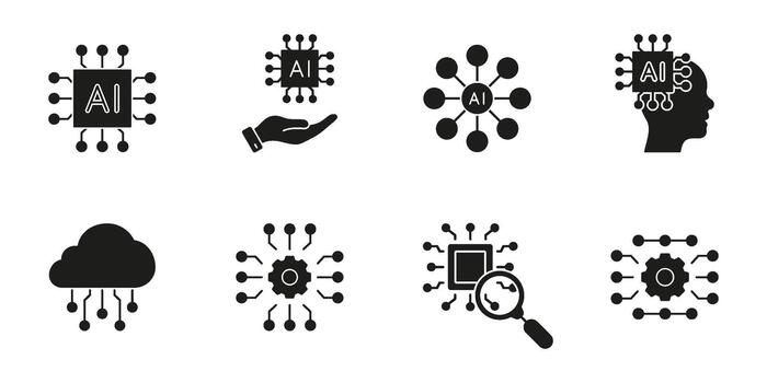 artificial inteligencia sistemas, nube integración y humano Interacción sólido icono colocar. máquina aprendiendo, neural redes y digital automatización silueta símbolo. aislado ilustración vector