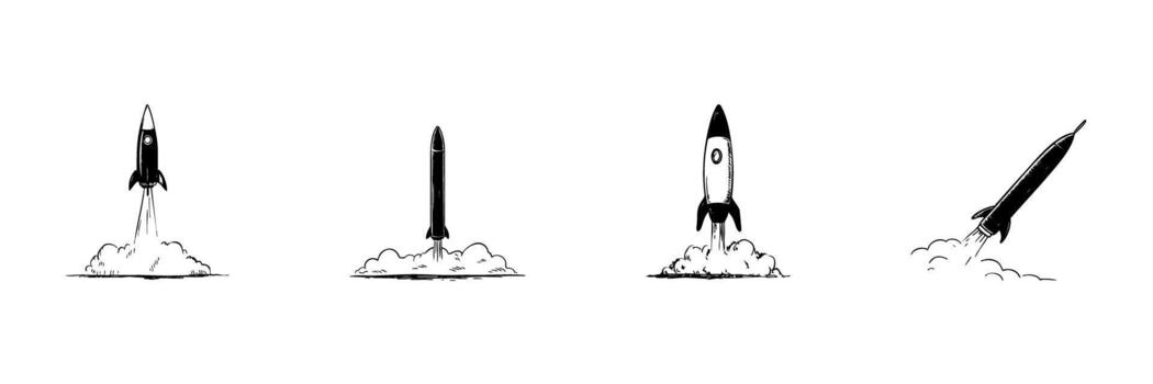 Rocket Launch Sequence Doodle Sketch Set. Space Exploration And Innovation In Hand Drawn Style Collection. Illustrating Progress And Adventure. Hand Drawn Isolated Illustration vector