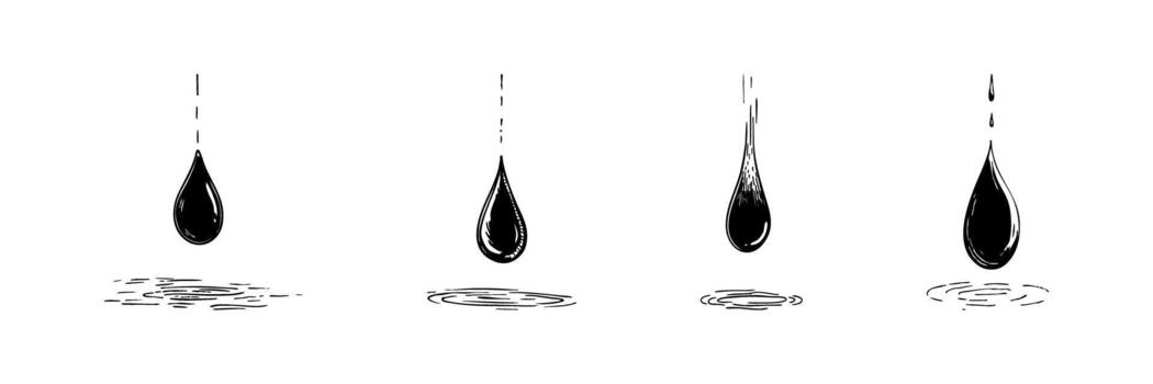 Water Droplet Splash Sequence Doodle Sketch Set. Fluid Dynamics And Ripple Effect In Hand Drawn Style Collection. Illustrates Water Impact And Surface Tension. Isolated Illustration vector