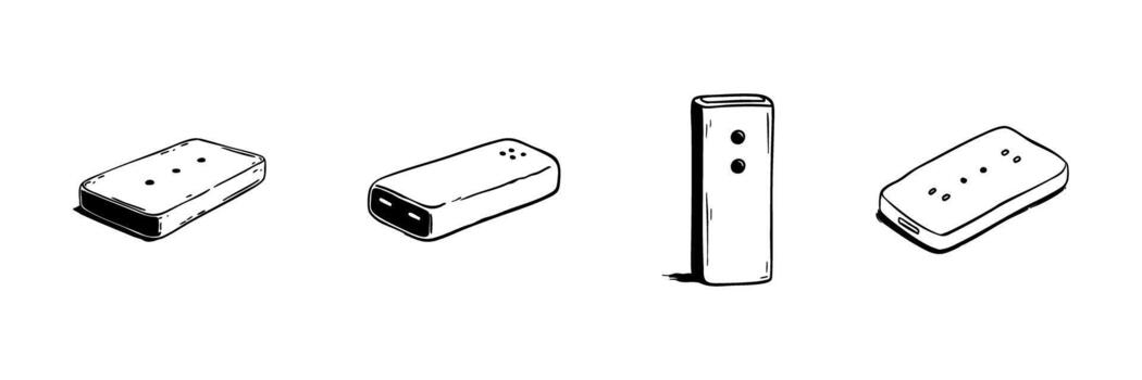 Portable Power Bank Doodle Sketch Set. Mobile Charging Device And Battery Backup In Hand Drawn Style Collection. Essential Gadget For On-The-Go Power. Hand Drawn Isolated Illustration vector