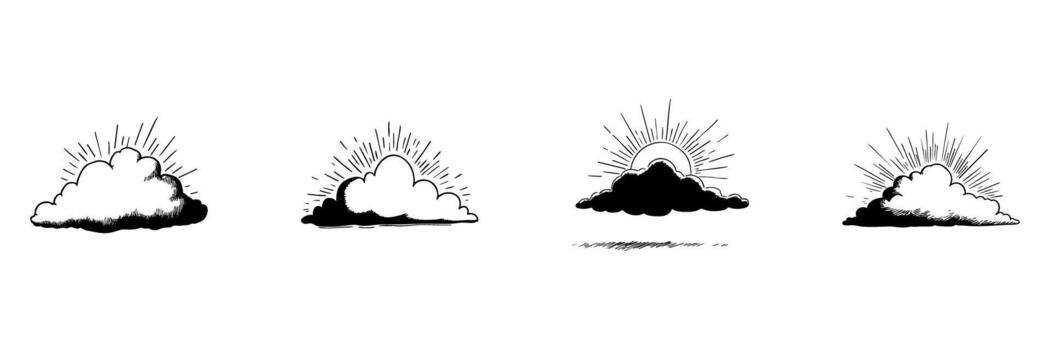 Clouds With Sun Rays Doodle Sketch Set. Weather And Atmospheric Phenomena In Hand Drawn Style Collection. Illustrating Sunlight Breaking Through Clouds. Isolated Illustration vector