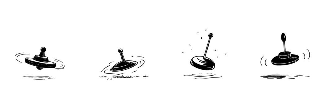Spinning Top Motion Doodle Sketch Set. Kinetic Energy And Physics Concepts In Hand Drawn Style Collection. Toy Movement And Rotation Dynamics. Hand Drawn Isolated Illustration vector