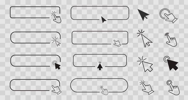 Set line frame border with arrow, mouse pointer, Button click here, action for web, simple ui ux design element. Press, search box. vector