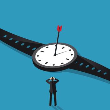 ilustración de un empresario en pie debajo un grande reloj de pulsera con un flecha señalando a el centro, simbolizando hora presión, plazos, urgencia, y orientado a objetivos decisión haciendo vector