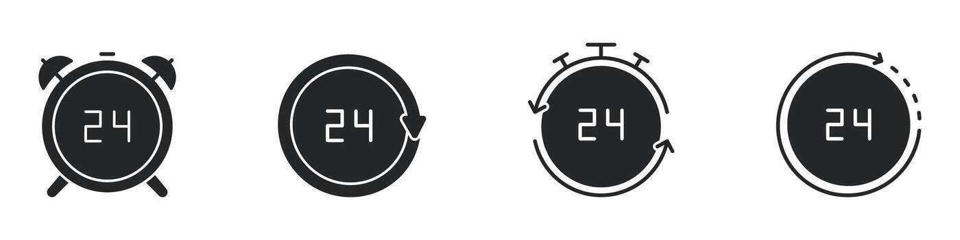 24-Hour Clock And Timer Solid Icon Set. Time Management, Scheduling, And Continuous Operation Silhouette Symbol Collection. Efficiency And Productivity Tools. Isolated Illustration vector