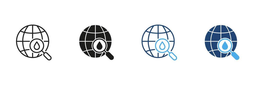 Globe With Magnifying Glass And Water Drop Line And Solid Icon Set. Global Water Resource Exploration And Environmental Analysis Outline And Silhouette Symbol. Isolated Illustration vector