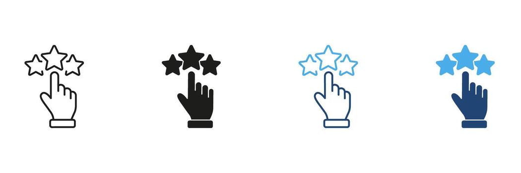 Hand Pointing At Stars Line And Solid Icon Set. User Rating, Feedback, And Review System Outline And Silhouette Symbol Collection. Customer Satisfaction And Quality. Isolated Illustration vector