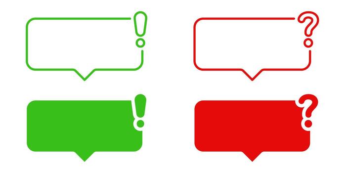 Green Exclamation And Red Question Speech Bubbles Frame Border Set. Communication, Inquiry, And Alert Symbol Collection. Dialogue And Interaction. Isolated Illustration vector