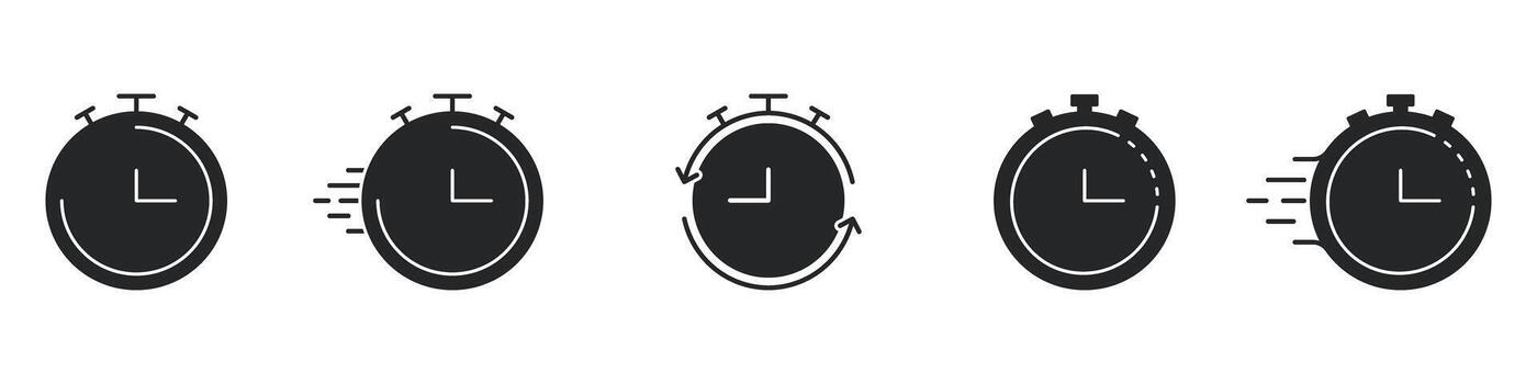 Stopwatch and Timer Icons With Motion and Rotation Indicators, Fast Countdown Tools Solid Icon Set. Time Management and Speed Tracking Silhouette Symbol Collection. Isolated Illustration vector