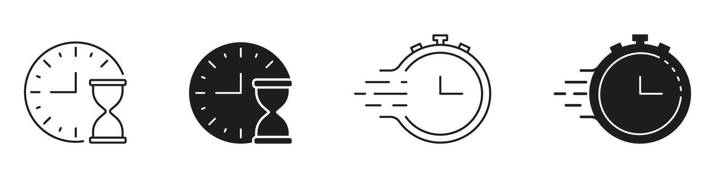 reloj y reloj de arena con cronógrafo icono colocar. hora gestión, eficiencia, y fecha límite rastreo contorno y silueta símbolo recopilación. velocidad y precisión concepto. aislado ilustración vector