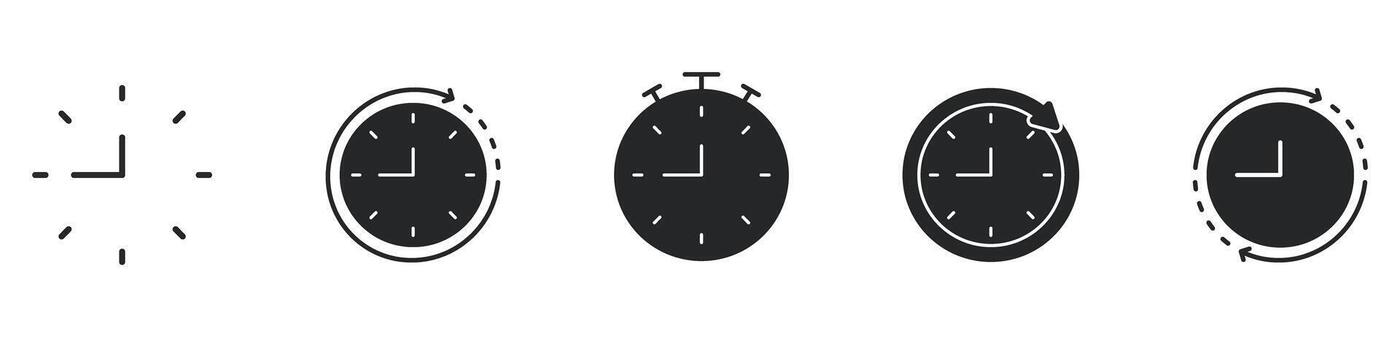 reloj y cronógrafo sólido icono colocar. hora gestión, Planificación, y eficiencia silueta símbolo recopilación. cronometraje y productividad herramientas. aislado ilustración vector