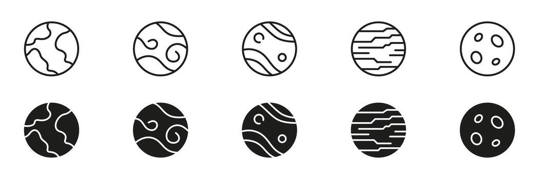 Planetary Surface Patterns Line And Solid Icon Set. Celestial Bodies, Astronomy, And Space Exploration Outline And Silhouette Symbol Collection. Isolated Illustration vector