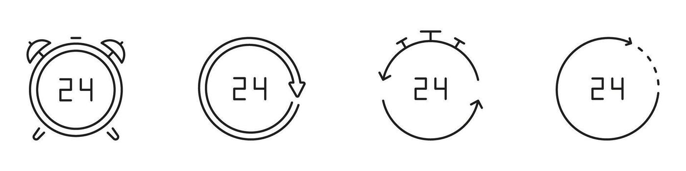 24-Hour Time Cycle Line Icon Set. Continuous Operation, Availability, And Service Duration Outline Symbol Collection. Time Management And Scheduling. Editable Stroke. Isolated Illustration vector