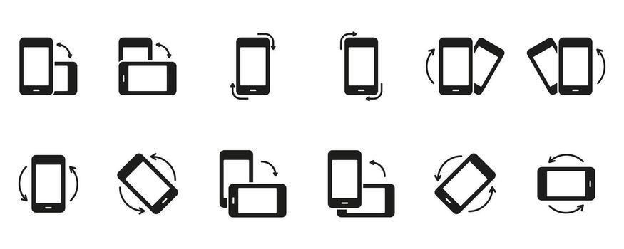 Phone Screen Rotation Solid Icon Set. Mobile Device Orientation Change With Arrows Showing Motion, Flip, Tilt and Usability for Digital Interfaces Silhouette Symbol. Isolated Illustration vector