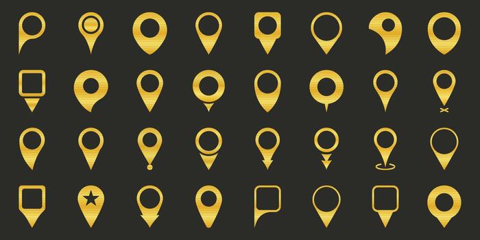 Golden Map Pin Icons Solid Icon Set. Location Markers, Navigation, And Gps Positioning Silhouette Symbol Collection. Geolocation And Mapping Tools. Isolated Illustration vector