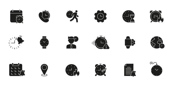 Time Management And Scheduling Solid Icon Set. Efficient Planning, Deadline Tracking, And Global Time Coordination Silhouette Symbol Collection. Isolated Illustration vector