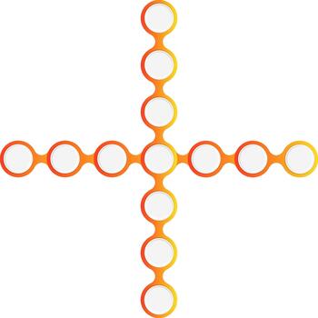 Interconnected circles arranged in a cross formation with red to yellow gradient outlines, creating a modular geometric structure for diagrams and visual flows. vector