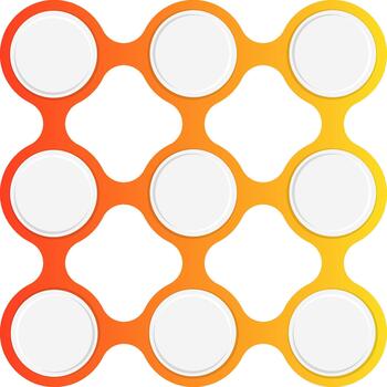 Linked circles positioned in a modular large square arrangement with gradient outlines forming a geometric connection. vector