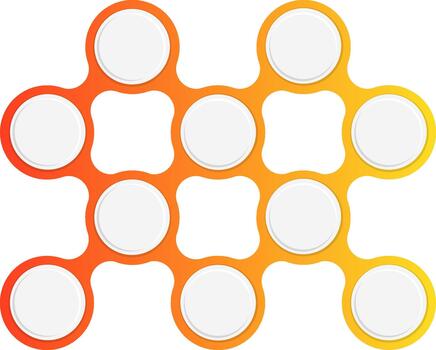 Interlinked circles arranged in a modular square layout with gradient outlines forming a geometric connection. vector