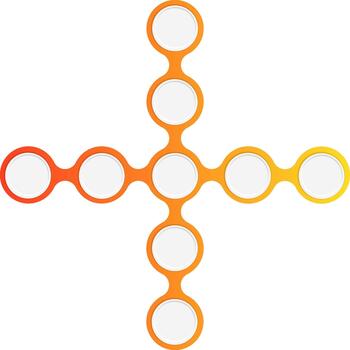 Interconnected circles arranged in a vertical cross formation with gradient outlines, forming a modular geometric diagram and infographic element. vector