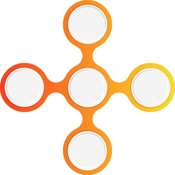 Linked circles arranged in a modular cross shape with gradient outlines forming a geometric diagram element. vector