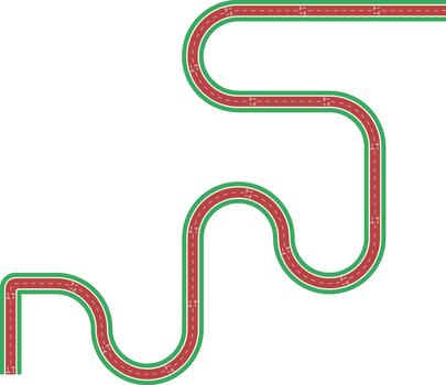 element showing a two way bike lane path with zigzag flow, curved edges, grassy median, bicycle pictogram, and directional arrow. vector