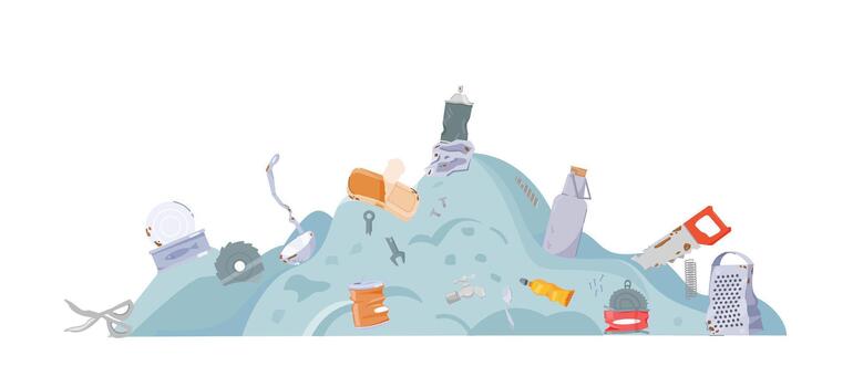 ilustración de metal desperdiciar. metal residuos es dispersado en montañas con varios objetos. basura tugurio vector