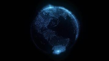 abstrait hologramme de planète Terre fabriqué de bleu embrasé particules. futuriste numérique global réseau lien et Les données visualisation boucle sur noir Contexte. video