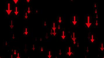 animerad lysande röd pilar rör på sig nedåt mot en svart bakgrund. en trogen digital animering symboliserar de nedgång av framsteg, Framgång, och finansiell nedgång. idealisk för företag och tech video