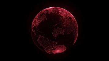 rosso raggiante digitale terra rotante nel buio, formato di scintillante particelle quello schema continenti. ideale per tecnologia, globale reti, dati e futuristico temi. video