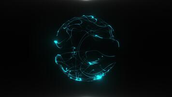 abstrait embrasé cyan énergie sphère composé de en mouvement chaotique lignes et particules. futuriste numérique La technologie globe, réseau connexion, et science visualisation. video
