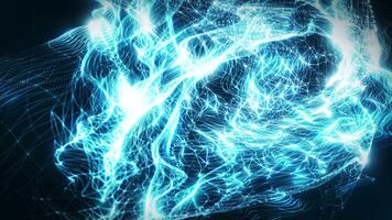 Dynamic abstract background with bright blue energy lines forming flowing digital waves. Futuristic motion design with glowing particles, neural-like patterns and high-tech light effects for modern vi video
