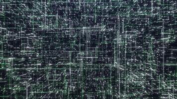 en volant par une complexe, futuriste blanc et vert embrasé numérique la grille tunnel. abstrait haute technologie matrice, Les données flux, et cyberpunk La technologie Contexte boucle. video