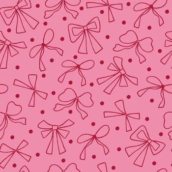 A seamless pattern with outline bows and polka dot elements on a pink background. A feminine, festive design for wrapping paper or fabric. vector