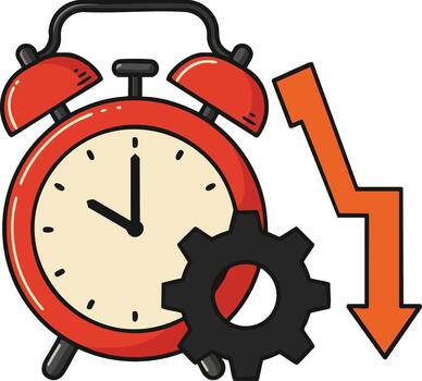 rojo alarma reloj con engranaje y hacia abajo flecha simbolizando hora administración y eficiencia conceptos en ilustración vector