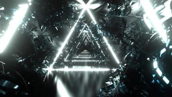 vit neon triangel tunnel med träd grenar bakgrund vj slinga i 4k video